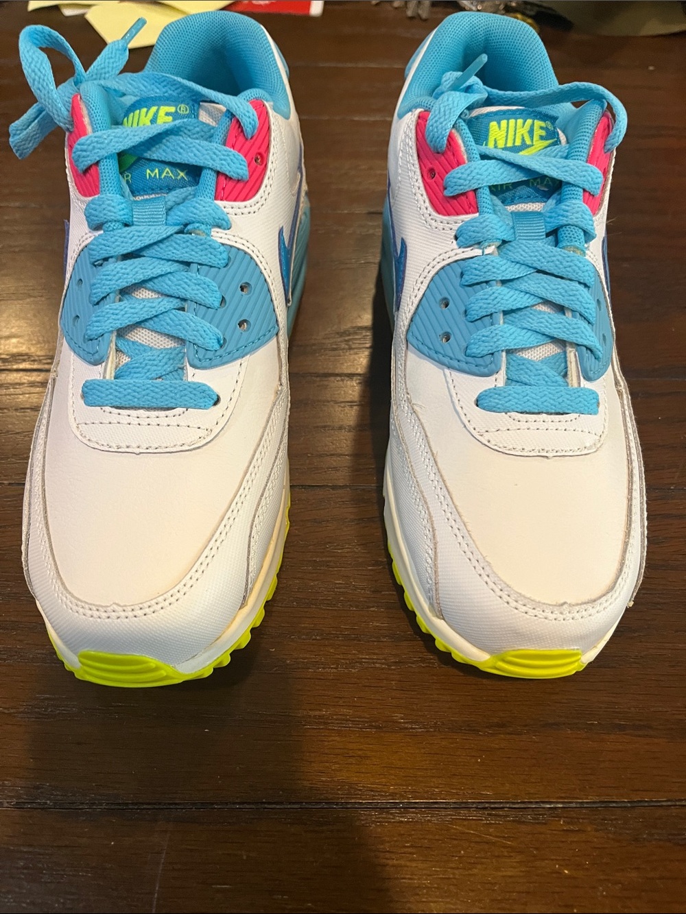 Nike Kids Air Max Sneakers in White with Blue & Neon Yellow Accents